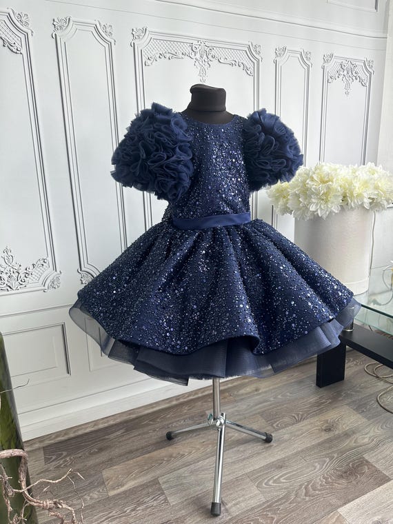 dark blue poofy dress Kateprom Sparkle Off the Shoulder Blue Ball Gown Prom Dresses, Puffy T kateprom