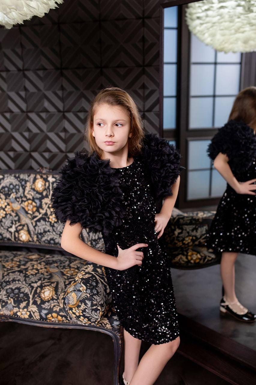 slim fit dress slacks Black Flower Girl Dress with Gold Bowknot