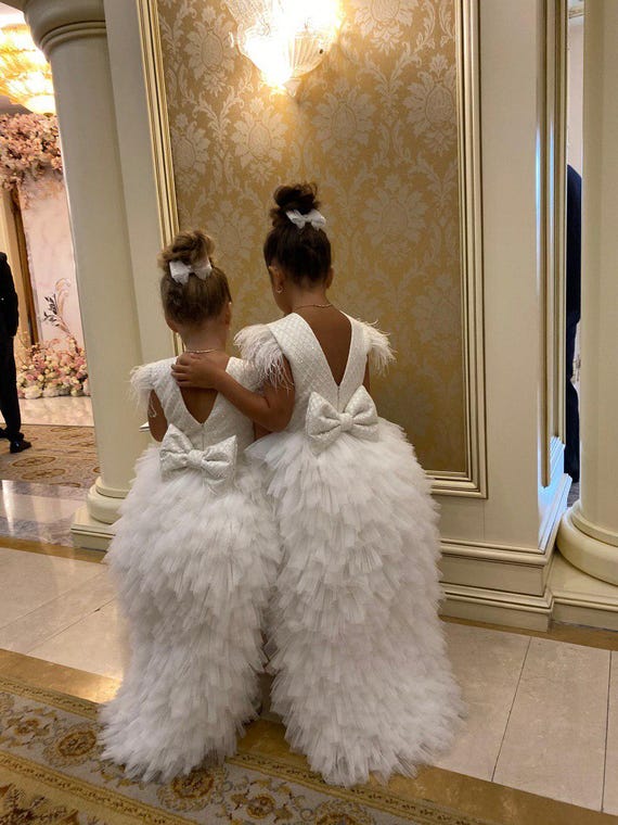 White Tulle Wedding Baby Train Dress | 1st Birthday Pageant. Toddler Dress. First Birthday Dress, Tutu Dress, Occasion Baby Dress