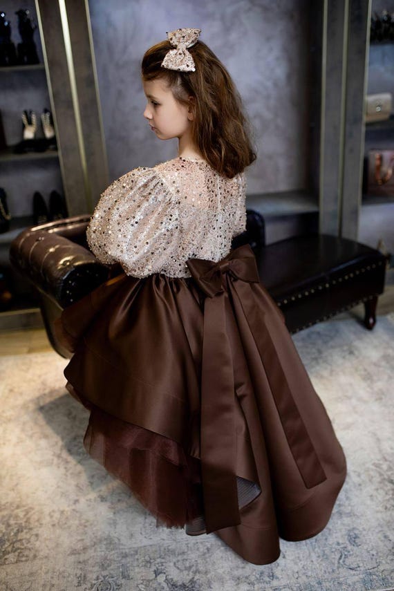 Beige Brown Puffy Sleeve Dress With Train | Princess Pageant & Communion Dress for Baby Toddler