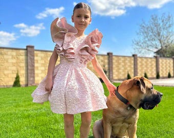 May include: A pale pink dress featuring a textured fabric, a V-neckline, and prominent ruffled sleeves that extend over the shoulders. The dress has a fitted bodice and a flared skirt that reaches above the knees, paired with light-colored strappy shoes.