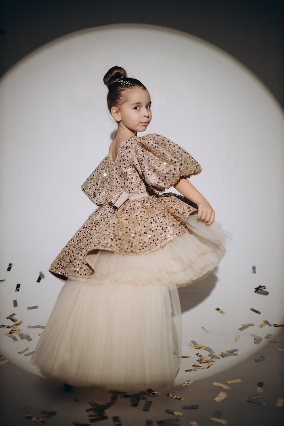 Gold Sparkling Sequin Baby Girl Dress, Train Baby Dress, Pageant