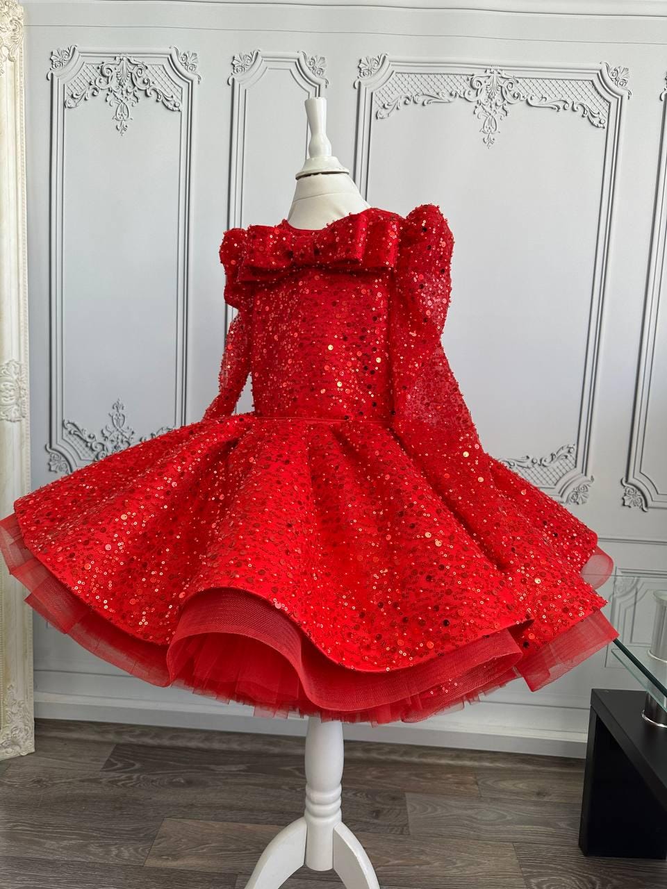 fitted lace wedding dress Girl Christmas Dress Luxury Red Sleeveless Trailing Sequins Fluffy Princess Communion Dress, Red / 4-5 Years (120cm)