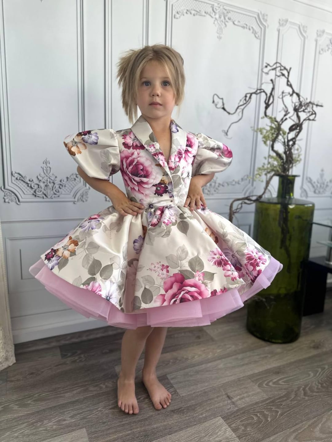 Satin Flower Tutu Girl Birthday Dress, Floral Dress Party, Wedding Guest, Pageant Baby Dress, 1st Birthday Dress, Event Girl Dress, Tutu