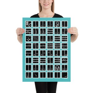 May include: A poster with a teal background displaying a grid of black and white illustrations. The top left corner has the words "UP UP" in white. The illustrations depict various stick figures and shapes. The bottom right corner has the words "The End".