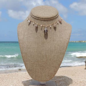 Hawaiian Shell Charm Necklace, 14kt Gold Filled, White Pearls, Brown Seashells, Gifts for Her, Handmade Hawaii Beach Jewelry, Waterproof