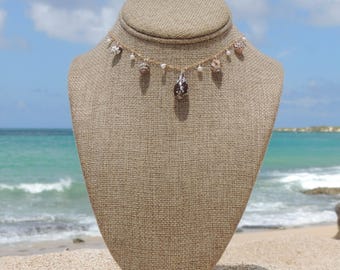 Collier à Breloques Or 14 Carats – Mauvais œil, Lune, Coquillages – Longueur Réglable 40-45 Cm