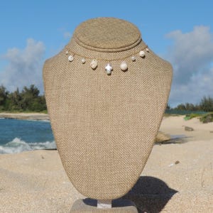 Hawaiian Shell Choker Necklace, 14kt Gold Filled, White Pearls, White Shells, Gift for Her, Handmade Oahu Hawaii Beach Jewelry, Waterproof
