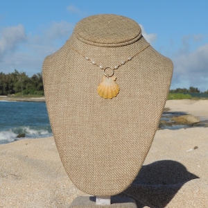 Hawaiian Sunrise Shell Necklace, 14kt Gold Filled, White Pearls, Unique Seashell, Cute Gifts for Her, Oahu Hawaii Beach Jewelry, Waterproof