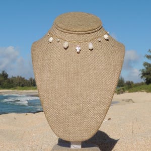 Hawaiian Shell Choker Necklace, 14kt Gold Filled, White Pearls, White Shells, Gift for Her, Handmade Oahu Hawaii Beach Jewelry, Waterproof