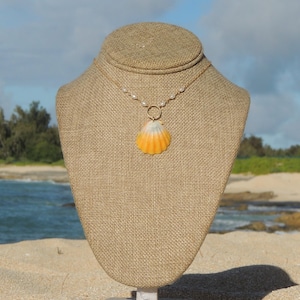 Hawaiian Sunrise Shell Necklace, 14kt Gold Filled, White Pearls, Unique Seashell, Cute Gifts for Her, Oahu Hawaii Beach Jewelry, Waterproof