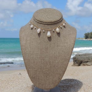 Hawaiian Shell Charm Necklace, 14kt Gold Filled, White Pearls, White Seashells, Gifts for Her, Handmade Hawaii Beach Jewelry, Waterproof