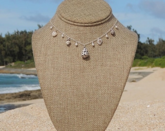 Hawaiian Shell Charm Necklace, Sterling Silver, White Pearls, B&W Seashells, Gifts for Her, Handmade Oahu Hawaii Beach Jewelry, Waterproof