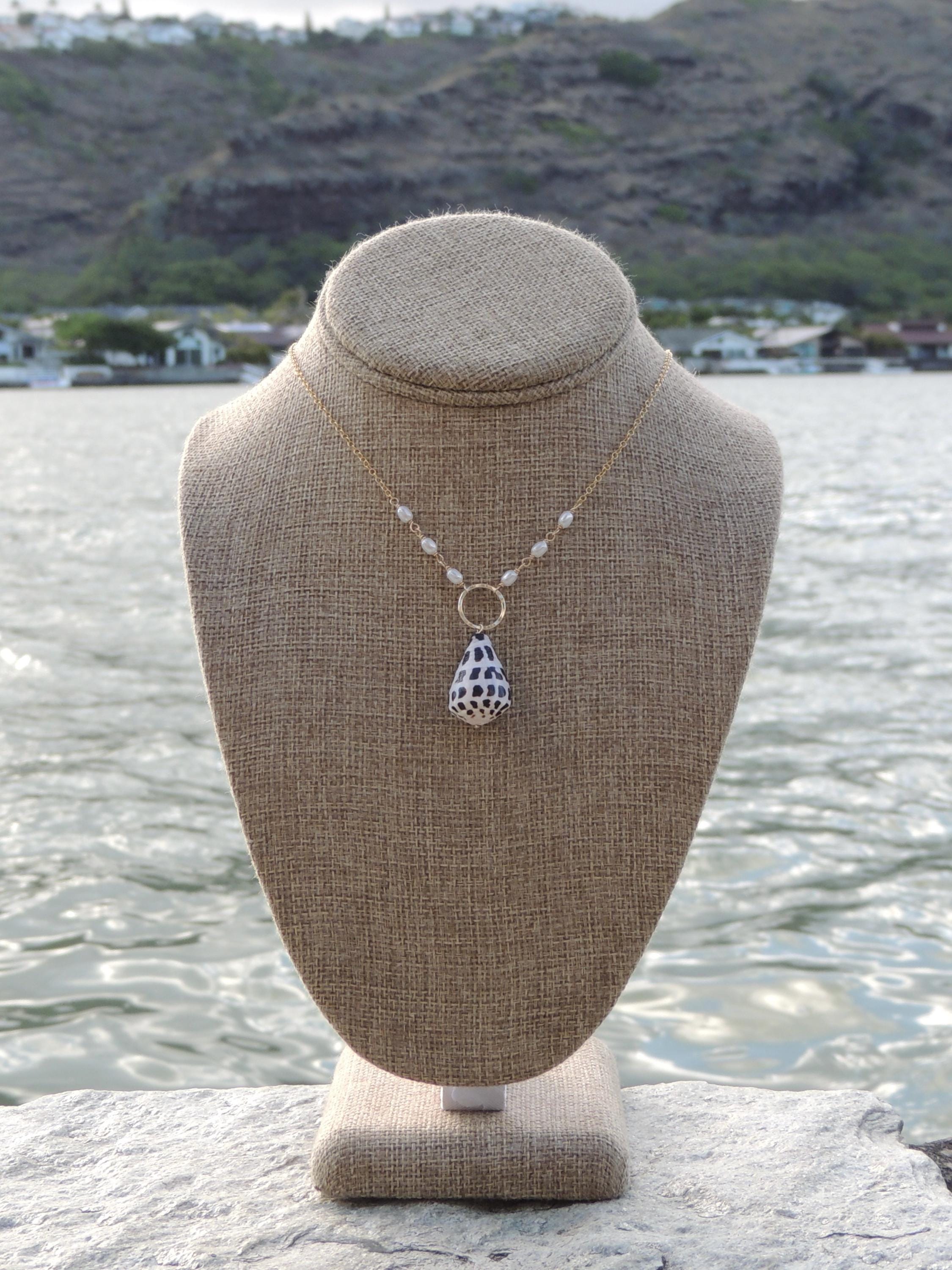 Hawaiian Hebrew Cone Shell Necklace, 14kt Gold Filled, White Pearls, B&W Seashell, Gifts for Her, Oahu Hawaii Beach Jewelry, Waterproof