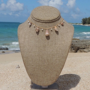 Hawaiian Shell Charm Necklace, 14kt Gold Filled, White Pearls, Unique Seashells, Gifts for Her, Handmade Hawaii Beach Jewelry, Waterproof
