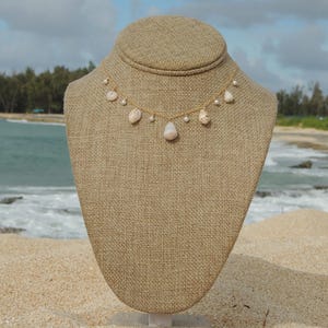 Hawaiian Shell Charm Necklace, 14kt Gold Filled, White Pearls, Mini Seashells, Gifts for Her, Handmade Oahu Hawaii Beach Jewelry, Waterproof