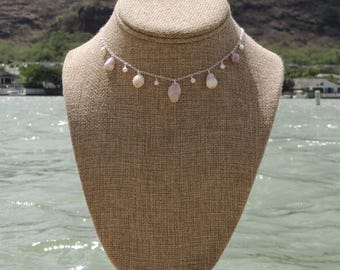 Hawaiian Shell Charm Necklace, Sterling Silver, White Pearls, White Seashells, Gifts for Her, Handmade Oahu Hawaii Beach Jewelry, Waterproof
