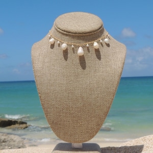 Hawaiian Shell Charm Necklace, 14kt Gold Filled, White Pearls, White Seashells, Gifts for Her, Handmade Hawaii Beach Jewelry, Waterproof