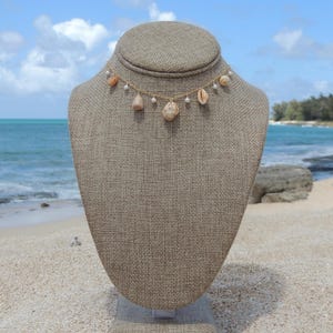 Hawaiian Shell Charm Necklace, 14kt Gold Filled, White Pearls, Unique Seashells, Gifts for Her, Handmade Hawaii Beach Jewelry, Waterproof