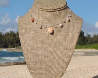 Hawaiian Shell Charm Necklace, Sterling Silver, White Pearls, Colorful Seashells, Gifts for Her, Handmade Hawaii Beach Jewelry, Waterproof