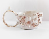 PRE-ORDER Pearl Lustre Ceramic Art Mug with 24K Gold, Handmade Sculptural Coffee Cup, Luxury Unique Gift