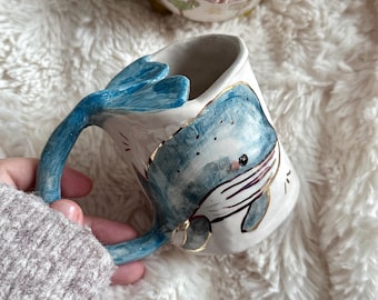 Handmade Whale Ceramic Coffee Mug, Hand Painted Ocean Design, Coastal Gift for Her, 220ml