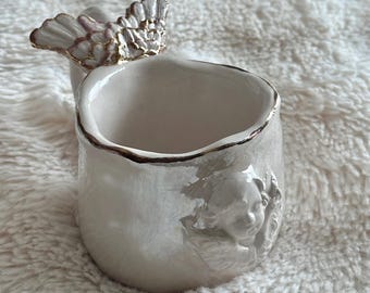 PREORDER Handmade Ceramic Mug with Angel Design, Mother of Pearl Lustre, 24k Gold Details