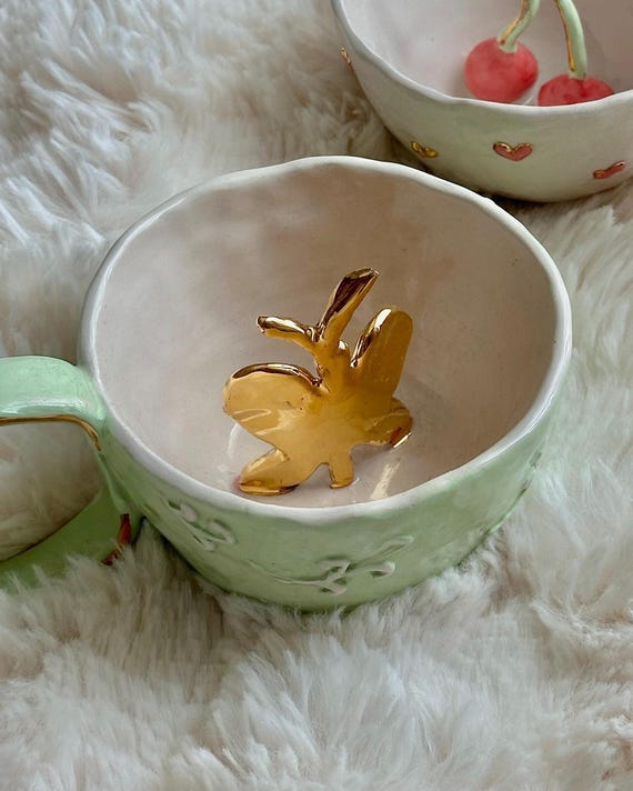 Handmade Butterfly Ceramic Coffee Mug: 24K Gold Details, Hand-Painted