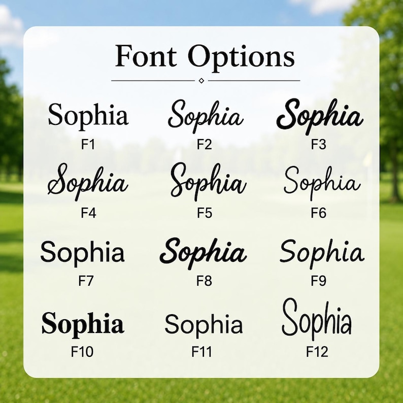 Puede incluir: Una tabla titulada Font Options que muestra doce estilos de fuente negros distintos, cada uno con el nombre Sophia seguido de un identificador &uacute;nico de F1 a F12. El texto est&aacute; organizado en una cuadr&iacute;cula sobre un fondo claro para elegir.