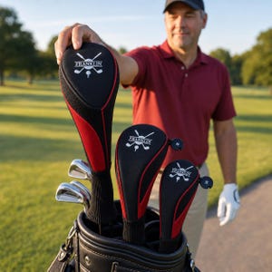 May include: A set of three black and red golf club head covers with the Franklin logo and crossed golf club graphic. The covers feature a textured fabric design, black knit necks, and small circular tags labelled M and S for size identification.