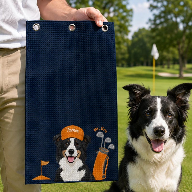 Puede incluir: Una toalla de golf azul marino con textura de gofre que presenta un gr&aacute;fico bordado de un border collie blanco y negro con una gorra naranja etiquetada como Tucker, una bolsa de golf naranja con palos y una bandera, con el texto Mr. Gru bordado.