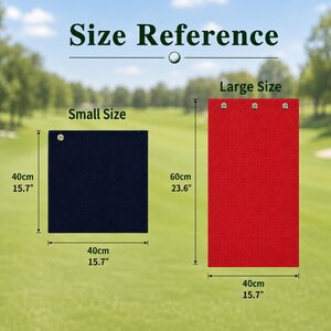 Puede incluir: Una toalla de golf cuadrada azul marino de 40cm por 40cm y una toalla de golf rectangular roja de 60cm por 40cm. Ambas toallas tienen una superficie texturizada y ojales met&aacute;licos para sujetarlas a una bolsa de golf.