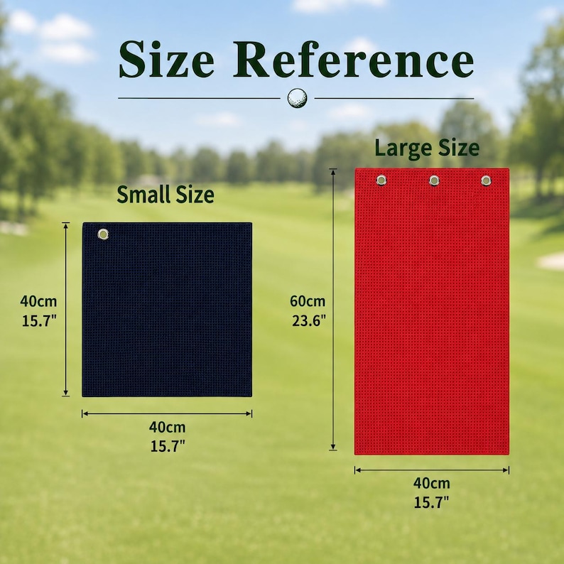 Puede incluir: Una toalla de golf cuadrada azul marino de 40cm por 40cm y una toalla de golf rectangular roja de 60cm por 40cm. Ambas toallas tienen una superficie texturizada y ojales met&aacute;licos para sujetarlas a una bolsa de golf.