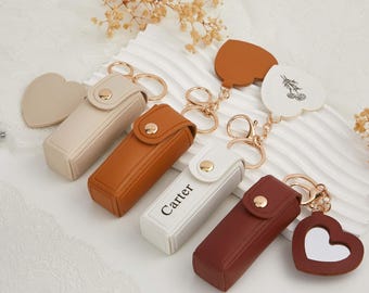 Personalized Lipstick Bag Keychain,Bridesmaid Gift,Wedding Gift,Bridal Shower Gift,Valentine Day Gift,Lipstick Case with Mirror,Gift for her
