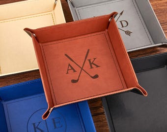 Initial Engraved Valet Tray Gift for Dad, Personalized Leather Catchall for Men, 3rd Anniversary, Monogrammed Home Decor, Gift for Him