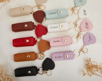 Engraved Birth Flower Lipstick Keychain Case with Mirror, Custom PU Leather Lip Balm Bag, Personalized Birthday Gift for Her, Christmas gift