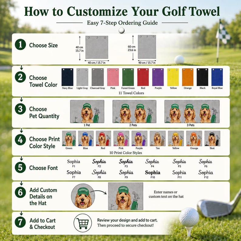 Puede incluir: Una gu&iacute;a de instrucciones titulada How to Customize Your Golf Towel, que detalla 7 pasos para realizar el pedido. Muestra dos tama&ntilde;os de toalla en cm, 11 colores, opciones de cantidad de mascotas, 10 estilos de impresi&oacute;n, 12 fuentes y personalizaci&oacute;n.