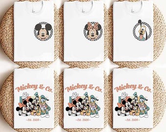 Retro Mickey and Co Est 1928 Checkered Shirt, Disney Mickey and Friends Family Matching T-shirt, Disneyland Family Vacation Trip Sweatshirt
