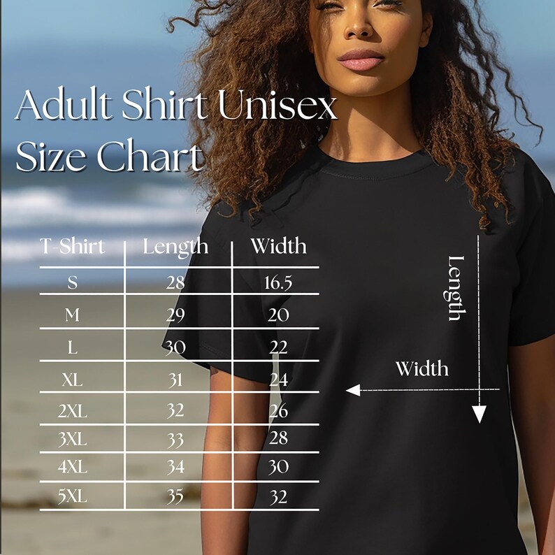 May include: Black t-shirt with a size chart for adult unisex shirts. The chart displays measurements for length and width in inches for sizes S through 5XL. The text "Adult Shirt Unisex Size Chart" is at the top.