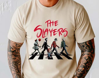 The Slayers Halloween Horror Shirt, Killer Horror Parody Characters Tee, Abbey Road Parody Graphic, Spooky Slasher Scary Villains T-Shirt