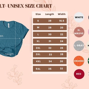 Peut inclure: Tableau des tailles unisexe pour t-shirts avec des mesures en pouces pour la longueur et la largeur. Le tableau montre les tailles du S au 5XL. Le tableau montre &eacute;galement 10 options de couleurs diff&eacute;rentes pour les t-shirts.