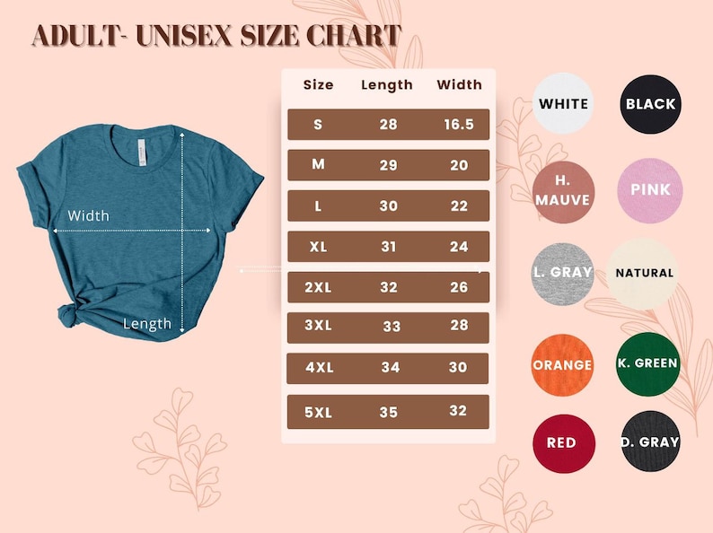 Peut inclure: Tableau des tailles unisexe pour t-shirts avec des mesures en pouces pour la longueur et la largeur. Le tableau montre les tailles du S au 5XL. Le tableau montre &eacute;galement 10 options de couleurs diff&eacute;rentes pour les t-shirts.