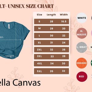 K&ouml;nnte beinhalten: Eine Gr&ouml;&szlig;entabelle f&uuml;r Unisex-T-Shirts f&uuml;r Erwachsene, die die Ma&szlig;e in Zoll f&uuml;r L&auml;nge und Breite angibt. Die Tabelle umfasst die Gr&ouml;&szlig;en von S bis 5XL und listet 10 verschiedene Farboptionen auf.