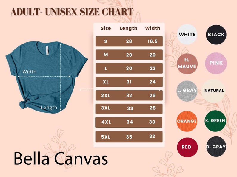 K&ouml;nnte beinhalten: Eine Gr&ouml;&szlig;entabelle f&uuml;r Unisex-T-Shirts f&uuml;r Erwachsene, die die Ma&szlig;e in Zoll f&uuml;r L&auml;nge und Breite angibt. Die Tabelle umfasst die Gr&ouml;&szlig;en von S bis 5XL und listet 10 verschiedene Farboptionen auf.