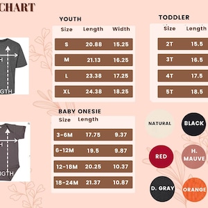 Peut inclure: Tableau des tailles pour les v&ecirc;tements pour enfants, tout-petits et b&eacute;b&eacute;s. Le tableau indique les tailles, les longueurs et les largeurs en pouces. Le tableau comprend &eacute;galement un nuancier avec diff&eacute;rentes couleurs pour les v&ecirc;tements.