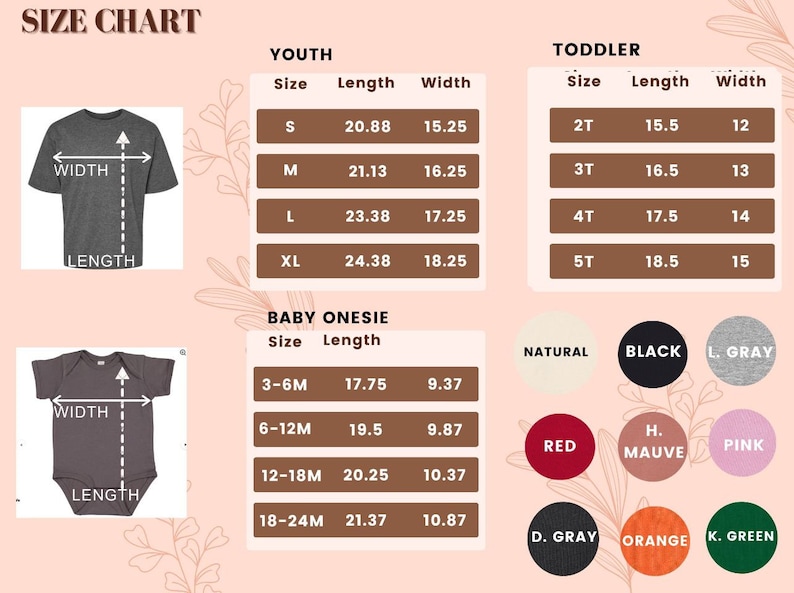 Peut inclure: Tableau des tailles pour les v&ecirc;tements pour enfants, tout-petits et b&eacute;b&eacute;s. Le tableau indique les tailles, les longueurs et les largeurs en pouces. Le tableau comprend &eacute;galement un nuancier avec diff&eacute;rentes couleurs pour les v&ecirc;tements.