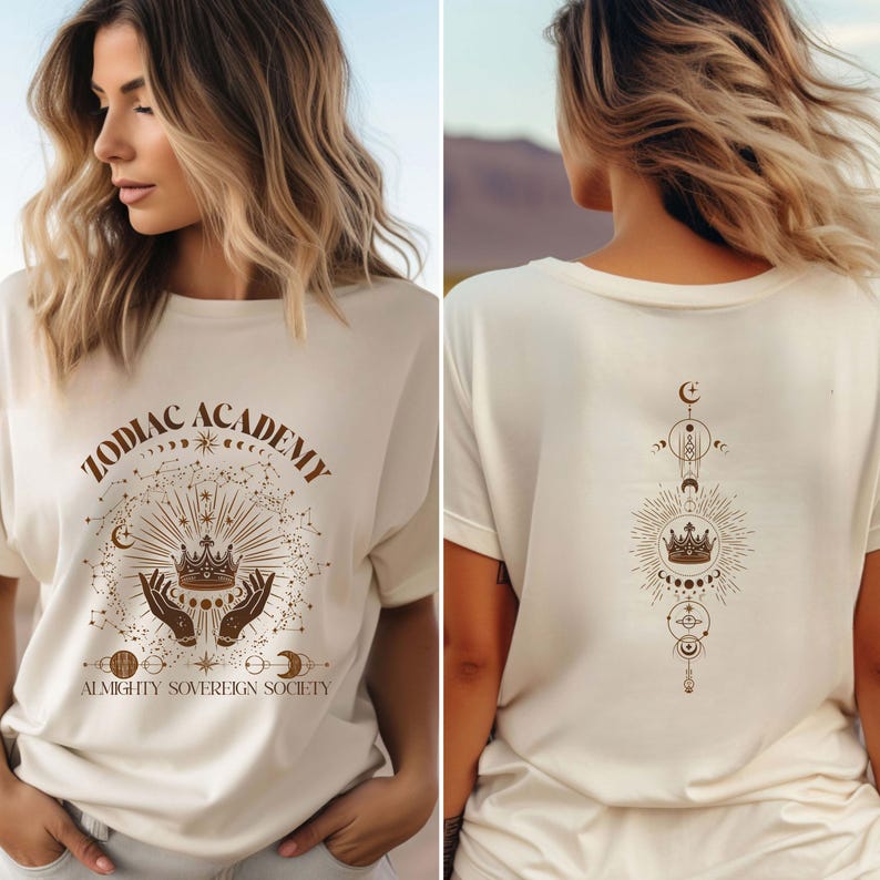 May include: A white t-shirt with a brown graphic design that says "Zodiac Academy Almighty Sovereign Society" with a crown and celestial symbols.
