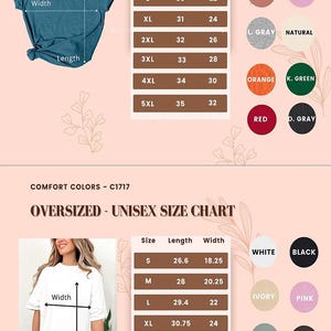 May include: Size chart for unisex t-shirts in regular and oversized styles. The chart shows measurements in inches for length and width for sizes S through 5XL.  The chart also shows color options for the shirts, including white, black, ivory, pink, bay, pepper, and red.