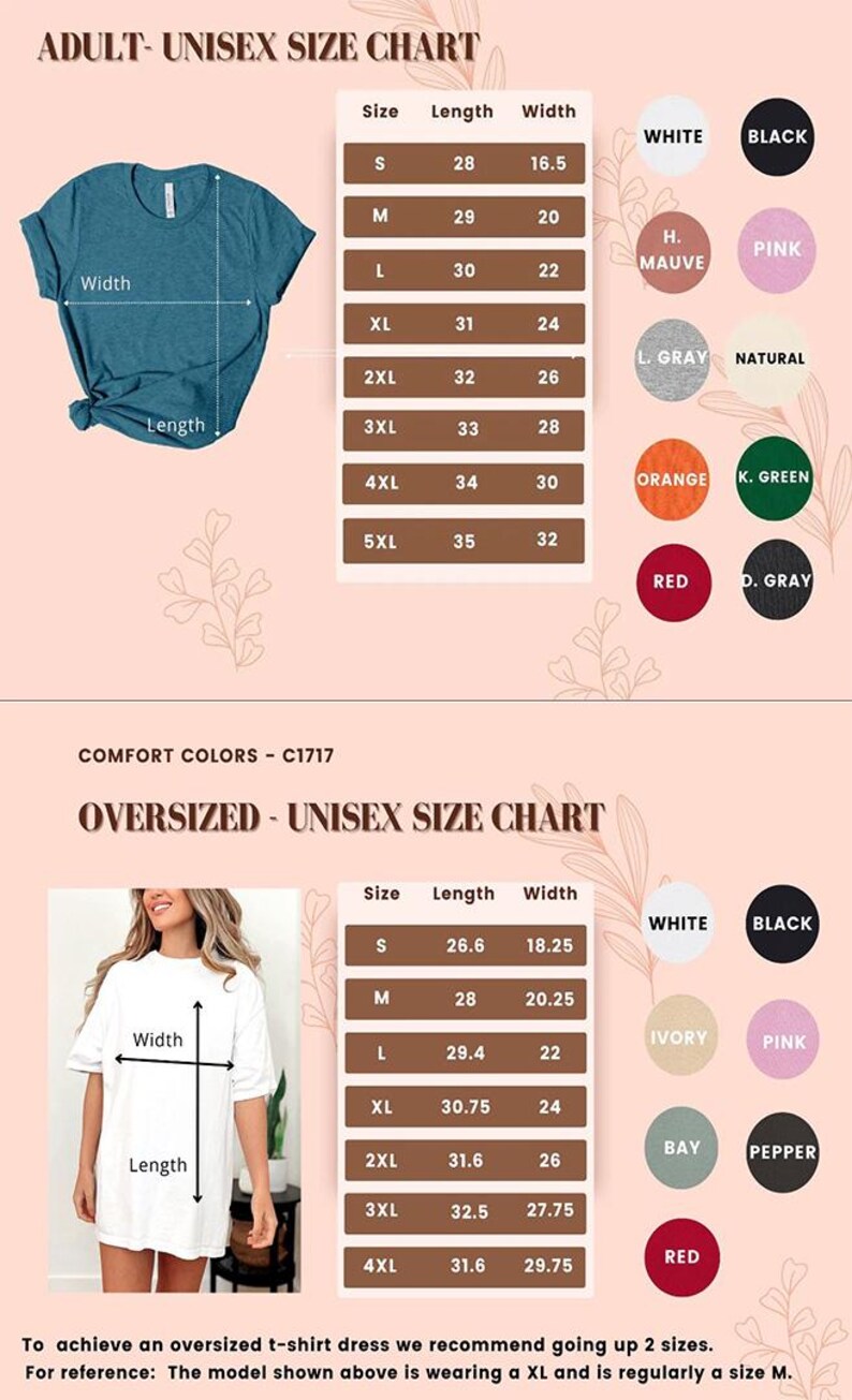 May include: Size chart for unisex t-shirts in regular and oversized styles. The chart shows measurements in inches for length and width for sizes S through 5XL.  The chart also shows color options for the shirts, including white, black, ivory, pink, bay, pepper, and red.