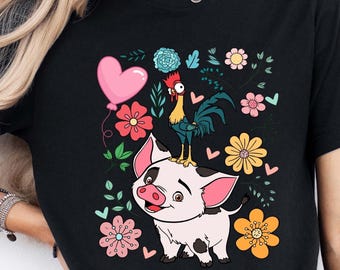 Pua and Heihei Moana Shirt, Cute Disney Pig and Rooster Tee, Floral Comfort Colors T-Shirt, Matching Family Disney Trip Tee, Hei Hei and Pua